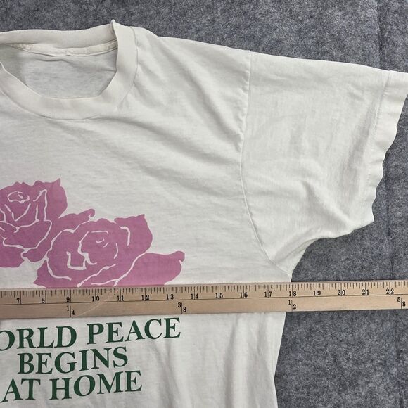 Vintage World Peace Begins at Home Shirt Mens Small White Graphic Roses Distress - Picture 8 of 13